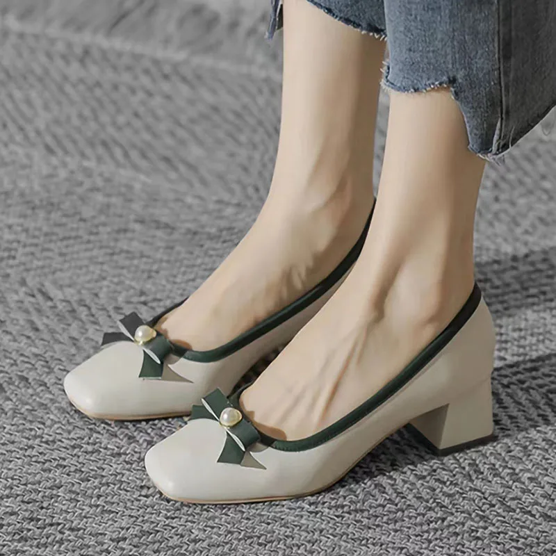 Ladies Square Toe Chunky Shoes Women Boat Shoes Pumps Mid Heels Dress Shoes Pearl Bow Dress Shoes