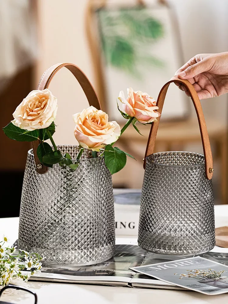 

NEW New Glass Vase With Leather Handle Home Office Cafe Big Bottle Hydroponic Vase Wedding Table Decoration Ornament