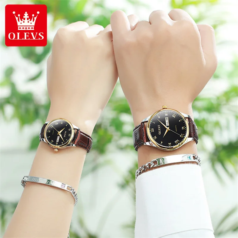 OLEVS Couple Watch for Men Women Fashion Leather Strap Waterproof Luminous Quartz Watches Lovers Clock with Week Calendar Watch