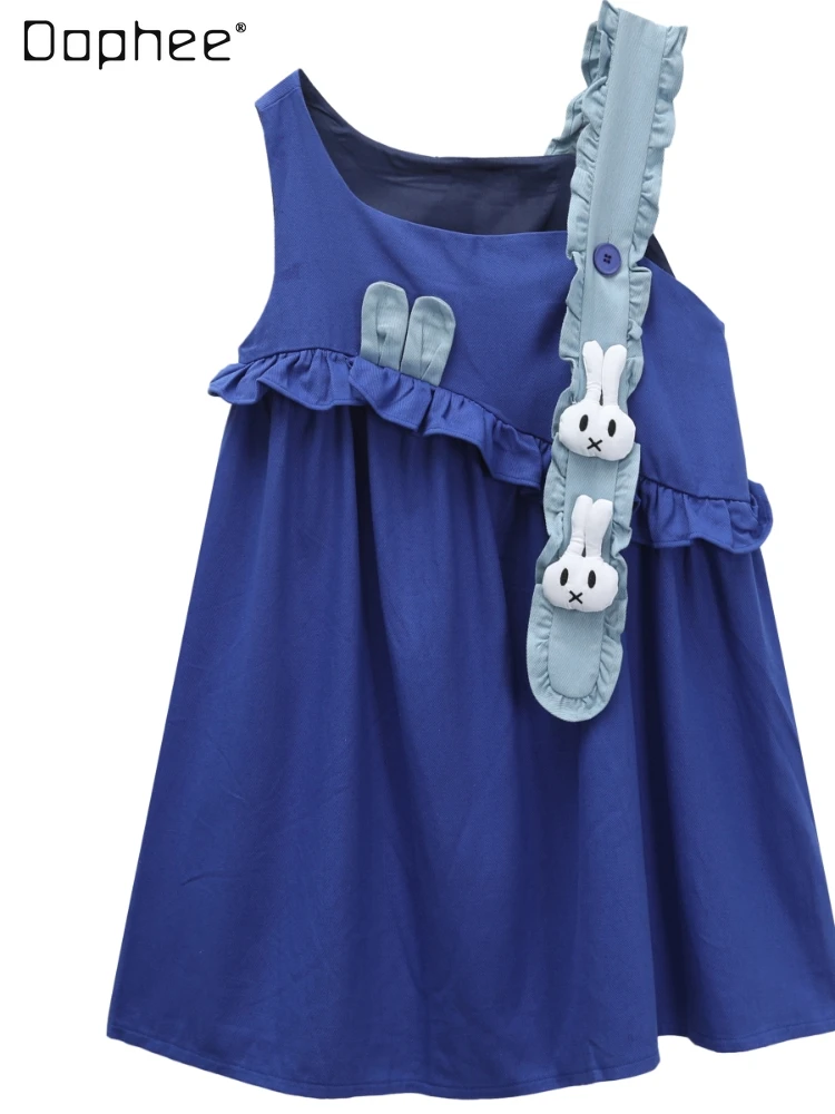 

2023 New Cute Sleeveless Cartoon Decorative Flower Suspender Dress Summer Ladies Asymmetric Design Blue A- Line Vest Dresses