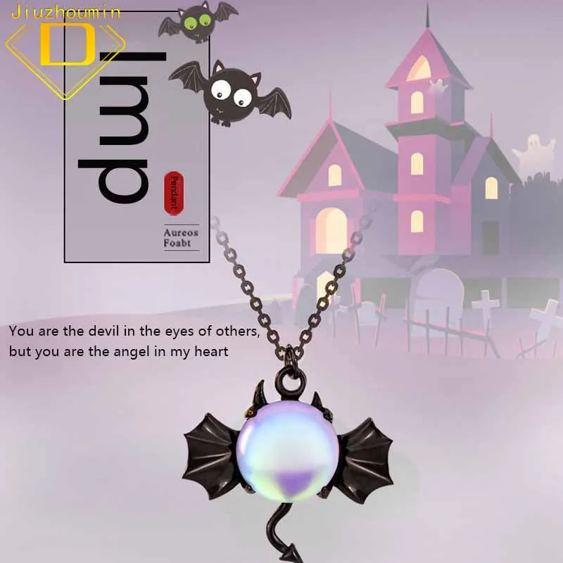 

Women's Little Devil Necklace, Dark Bat Moonstone Pendant, Halloween Jewelry