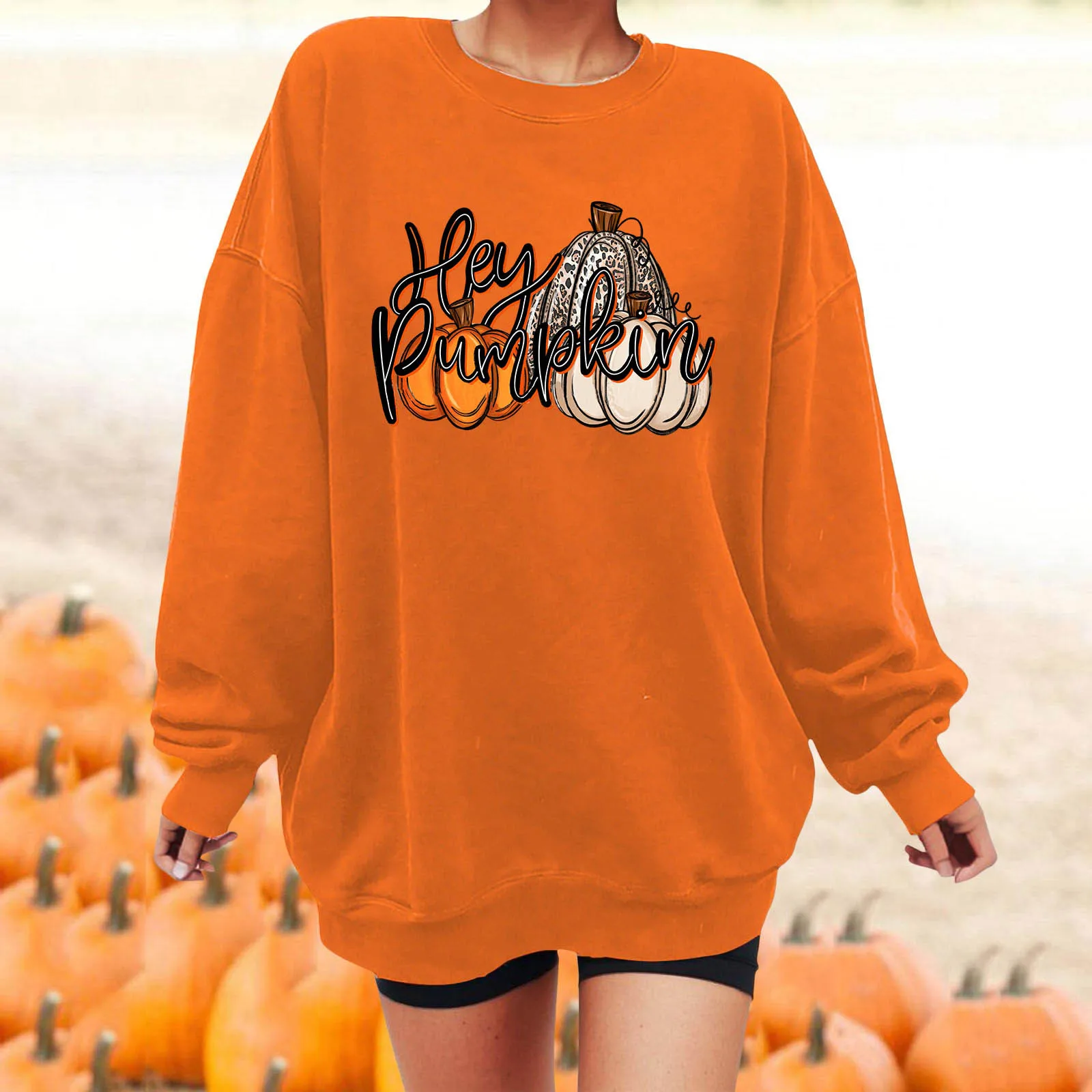 

Womens Pumpkin Letter Print Sweatshirt Street Loose Crewneck Sweatshirt Long Sleeve Pullover Halloween Clothes For Ladies Autumn