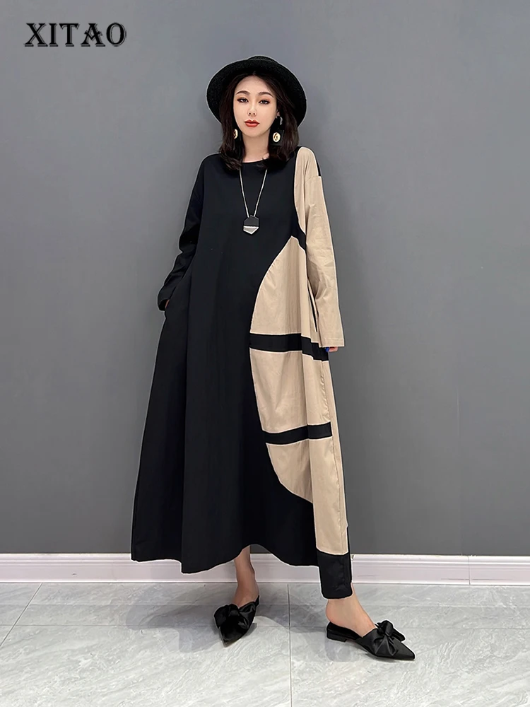 

XITAO Asymmetrical Casual Dress Fashion Loose Contrast Color Splicing Autumn New Long Sleeve Simplicity Pullover Dress WLD8672