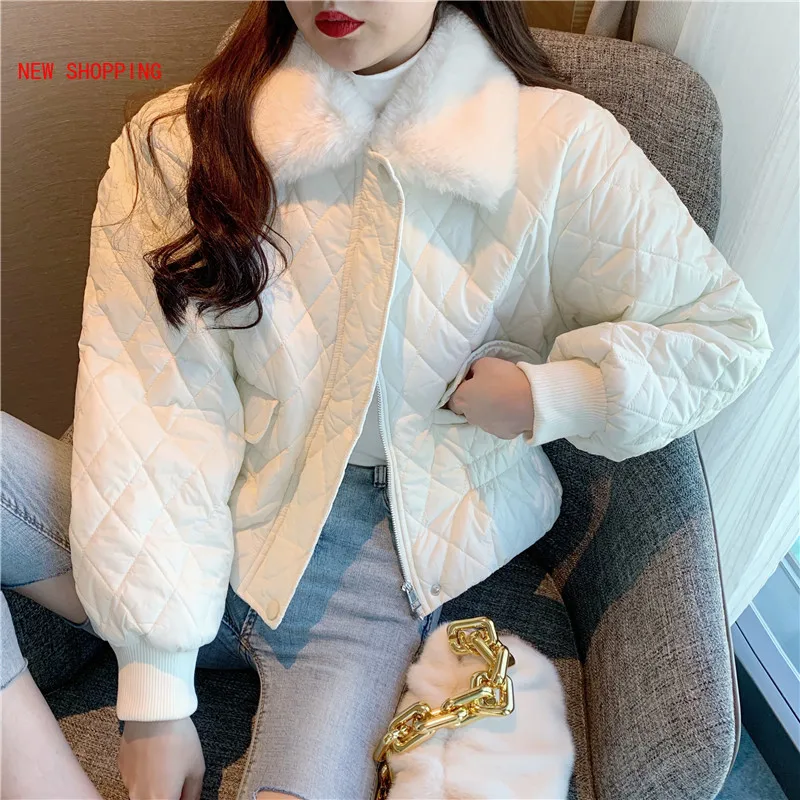 2022 Padded Plaid Argyle Parkas Women Winter Faux Fur Collar Loose Short Jackets Female Warm Oversize Coats Causal Streetwear