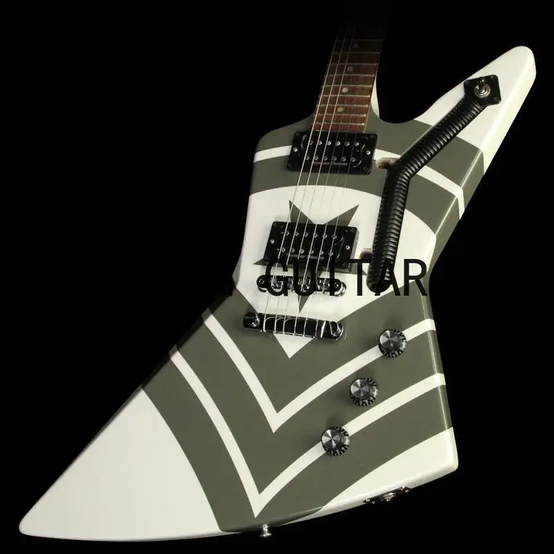 

Jason Hook M-4 Sherman Explorer Signature Arctic White Electric Guitar Green Stripes, Custom Extended Cutaway, Wiring Conduit