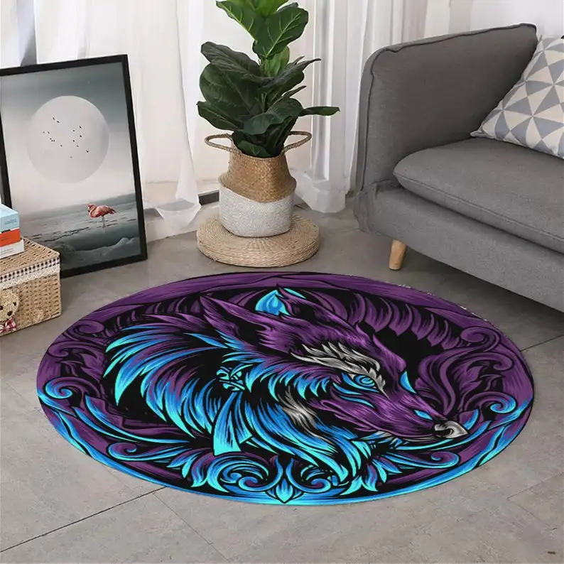 

Синий кельтский камин Galaxy Mandala, круглый ковер с волком для дома, гостиной, спальни, ванной комнаты, нескользящее украшение для пола