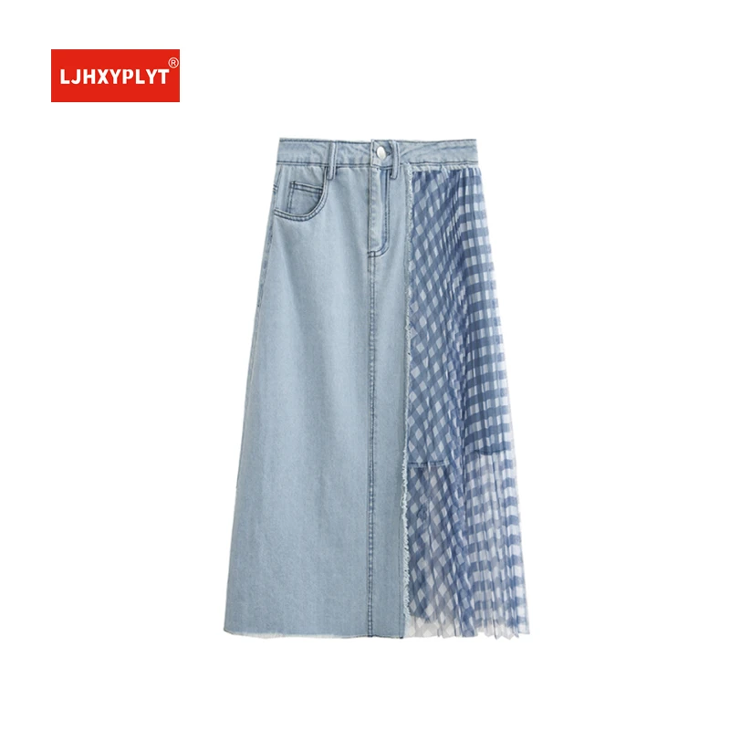 

Blue High Waist Denim Skirt Female Thin Mesh Stitching Jean Skirt Summer New A-line Mid-length Pleated Large Size Short Skirt