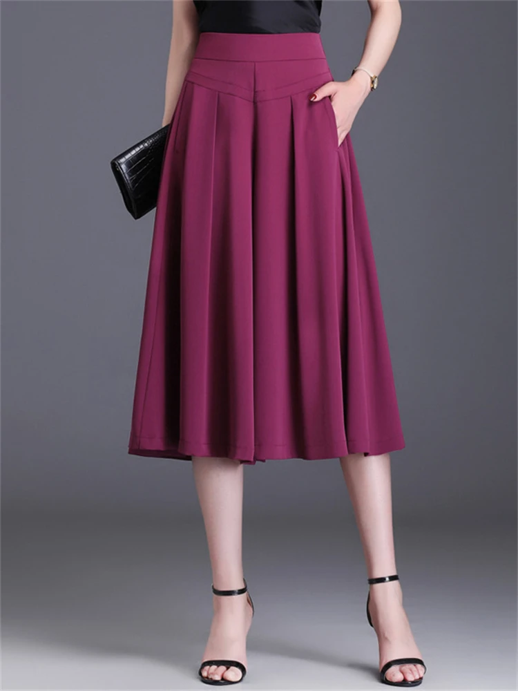

Fashion High Waist Solid Color Wide Leg Capris Pants Skirt 2022 Summer Women Elegant Loose Ladies Casual Big Swing Trousers 6877