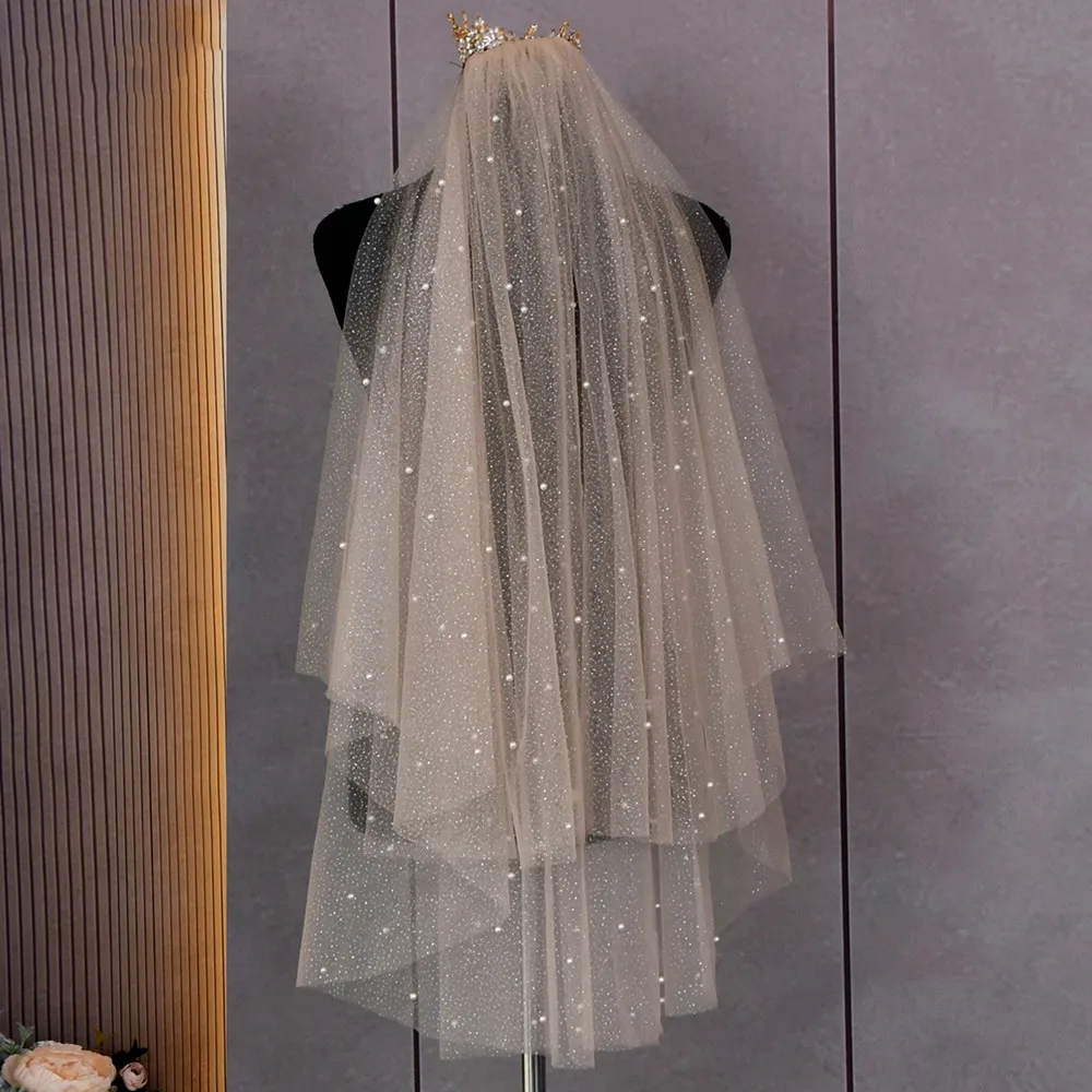 

Pearl Beaded Shiny Champagne Wedding Veil Double Layer Short Wedding Veils With Comb For Bride Sparkling Bridal Tulle Cut Edge