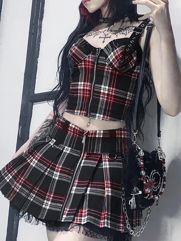 

Vintage New Punk Sexy Black Plaid Skirt Suit Y2K Goth Streetwear High Waist Pleated Mini Skirts Grunge Zip Up Camisoles 2pcs Set