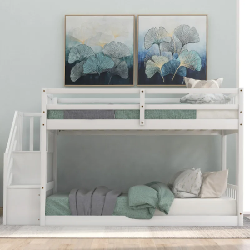 

[Flash Deal] Twin Over Twin Floor Bunk Bed Ladder with Storage Combo Item Staircase with Banisters for Easy Climbing [US Stock]