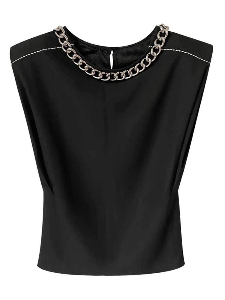 

ZCSMLL Women Blue Metal Chain Shoulder Padded Casual T-shirt New Round Neck Long Sleeve Fashion Tide Spring Summer 2022 T7857