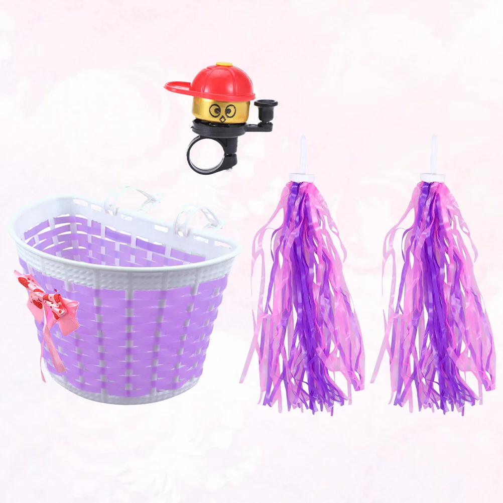 

Purple Bikes Handlebar Basket Accessories Set Fun Decor Handlebar Streamers Basket and Bell 1 Set for Boy and
