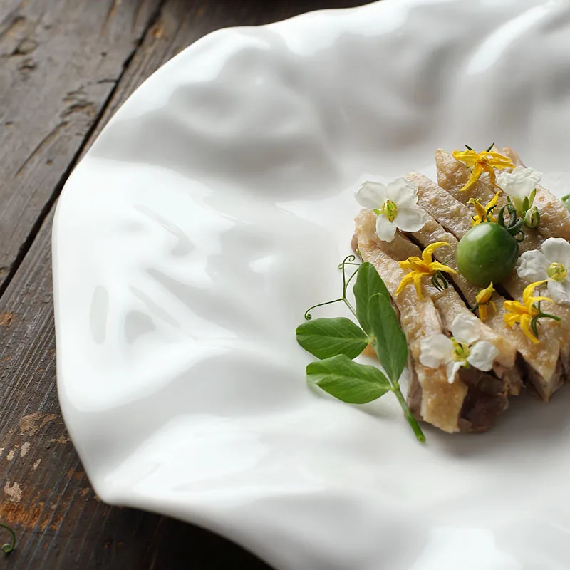 French Ceramic Tableware Irregular White Western Plate Creative Pleated Paper Restaurant Fruit Tray Dumpling | Дом и сад