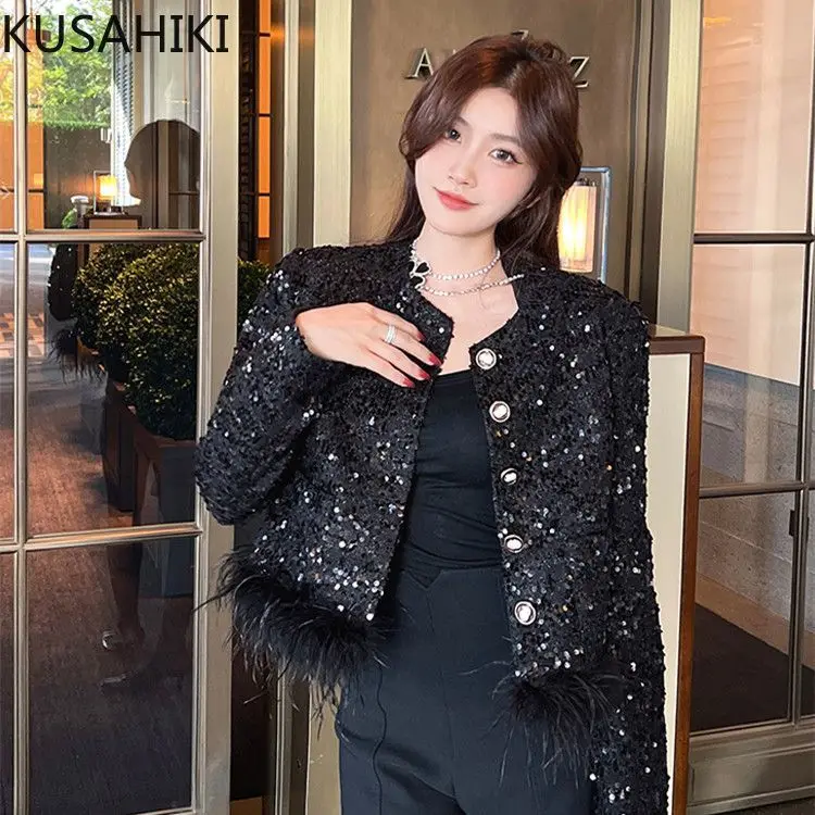 Модное шикарное блестящее твидовое пальто kusхиты с блестками в Корейском стиле
