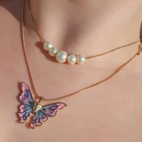 fashion women girl colorful butterfly necklaces thai pop enamel butterfly pearl necklace double choker chains party jewelry gift