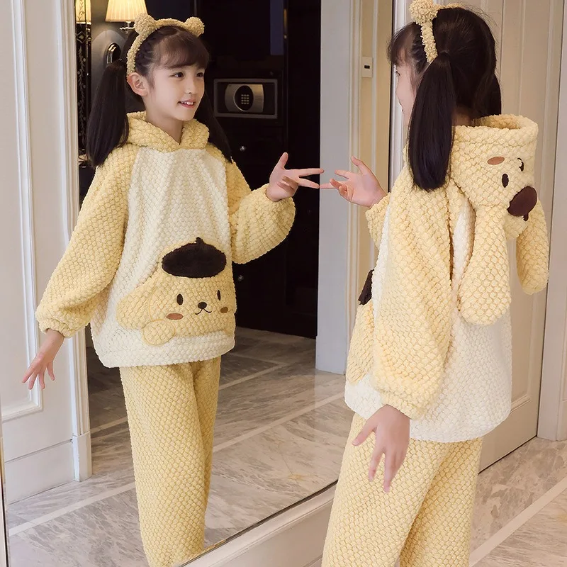 

Anime Sanrio My Melody Cinnamoroll child Coral velvet pajamas Winter Velvet thickening Cartoon keep warm Hooded loungewear set