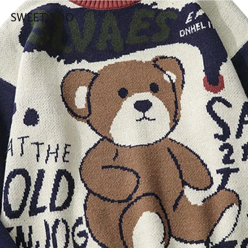 Harajuku Bear Vintage Sweater Men Winter Warm Thick Knitted Pullovers 2022 New Korea Style Couples Sweater Hip Hop Clothing