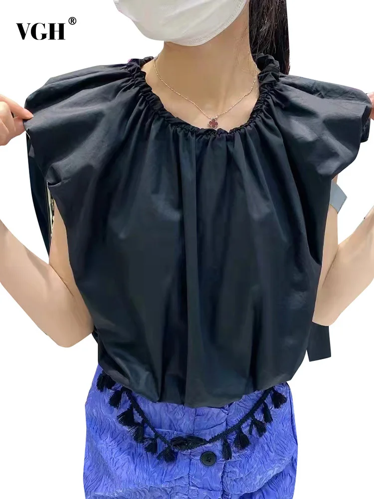 

Женская блузка без рукавов VGH, повседневные однотонные корейские модные рубашки с круглым вырезом и свободной талией, летняя одежда, 2022