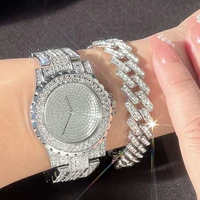 women luxury iced out watches bracelet set gold silver color full rhinestone cuban chain bracelet wristwatch relogio feminino
