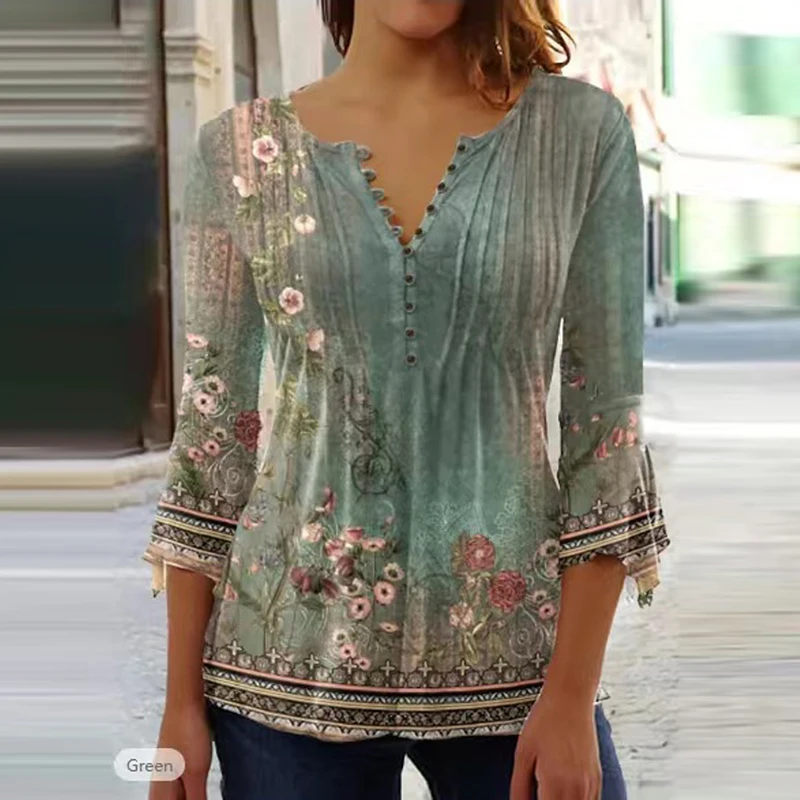 

Women Floral Print V-neck Button Shirt Casual Loose Comfortable Temperament Office Lady Tops Spring Summer Fashion Femme Shirts