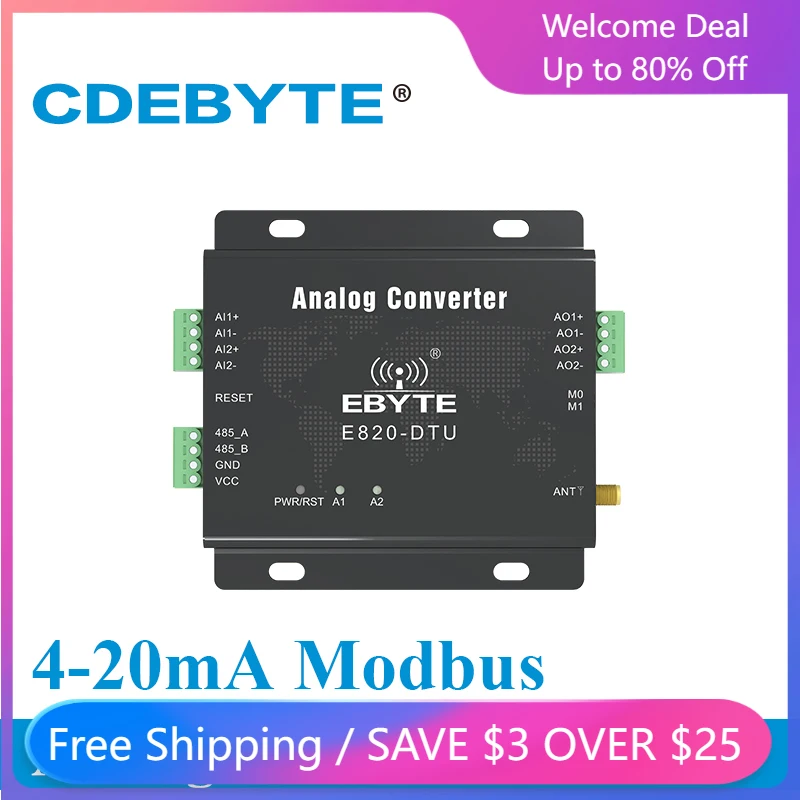 

433MHz Modbus Analog Acquisition 2 Channel Wireless Transceiver E820-DTU(2I2-433L) 1W RS485 Interface 433 MHz RF Module
