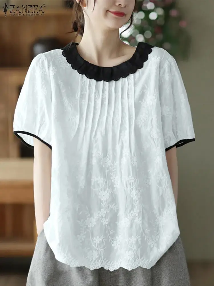 ZANZEA Белая хлопковая блузка в корейском стиле с лоскутным топом Неэластичная