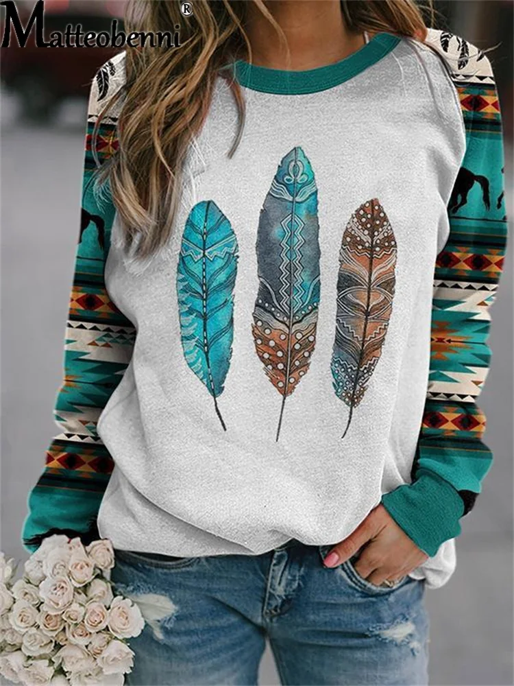 

Autumn Winter Retro Western Ethnic Geometric Print Sweatshirt Women's Casual Round Neck Loose Street Sweatshirts