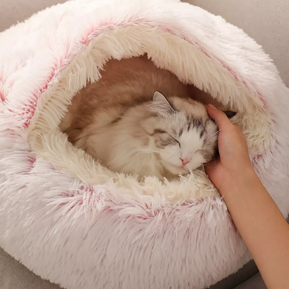 

NEW2022 Hot Plush Round Cat Bed Cat Warm House Soft Long Plush Pet Dog Bed For Small Dogs Cat Nest 2 In 1 Pet Bed Cushion Sleepi