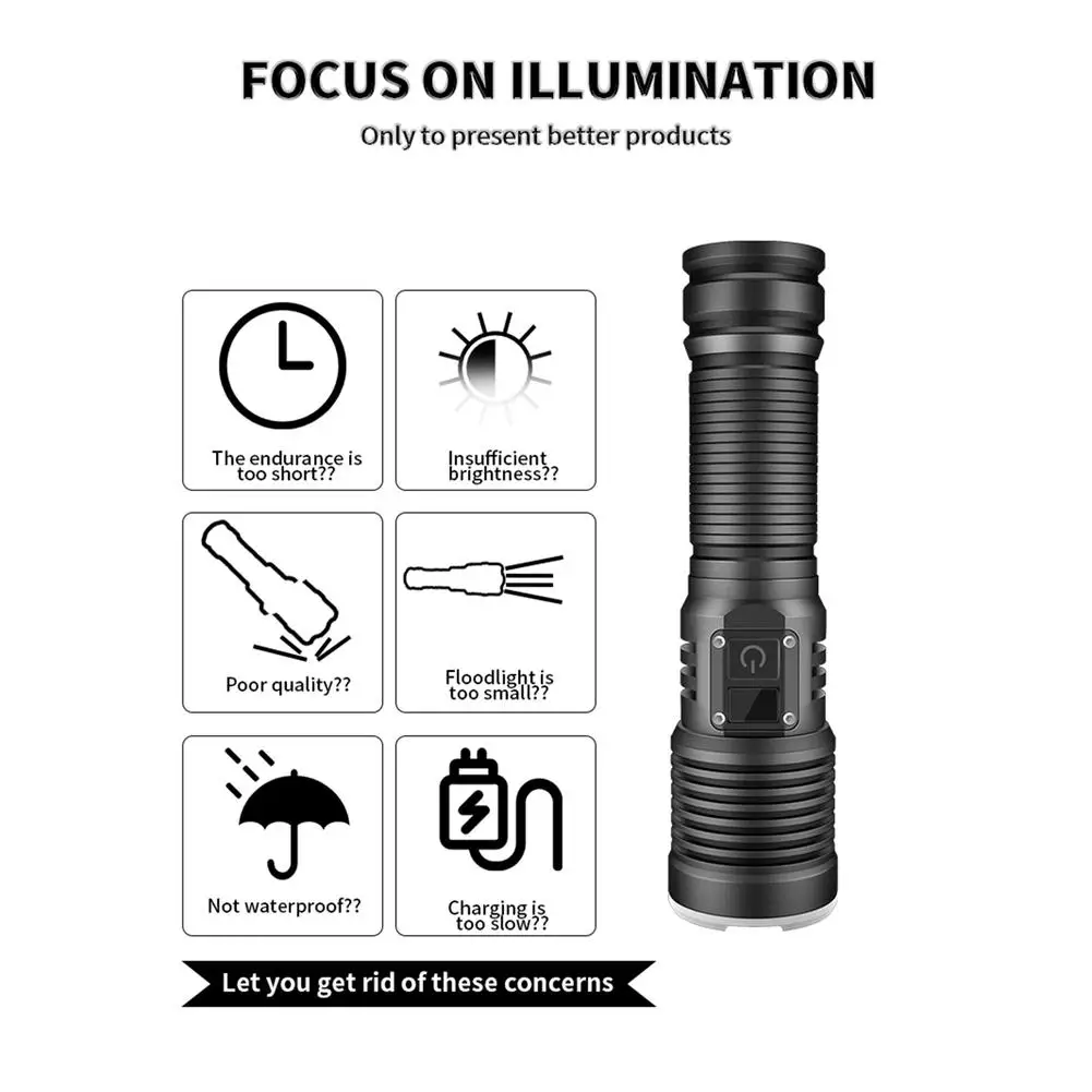 

Xhp70 Led Flashlight 1200-1500 Lumens Digital Power Display Telescopic Zoom Strong Light Torch With Indicators Light