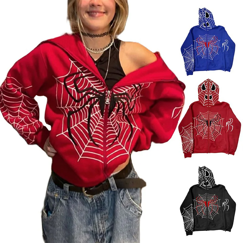 

Y2k Spider web Red hoodie Zip Up Hoodies warm Harajuku punk grunge clothing women sweatshirt Hip hop Hoodie interesting Jackets