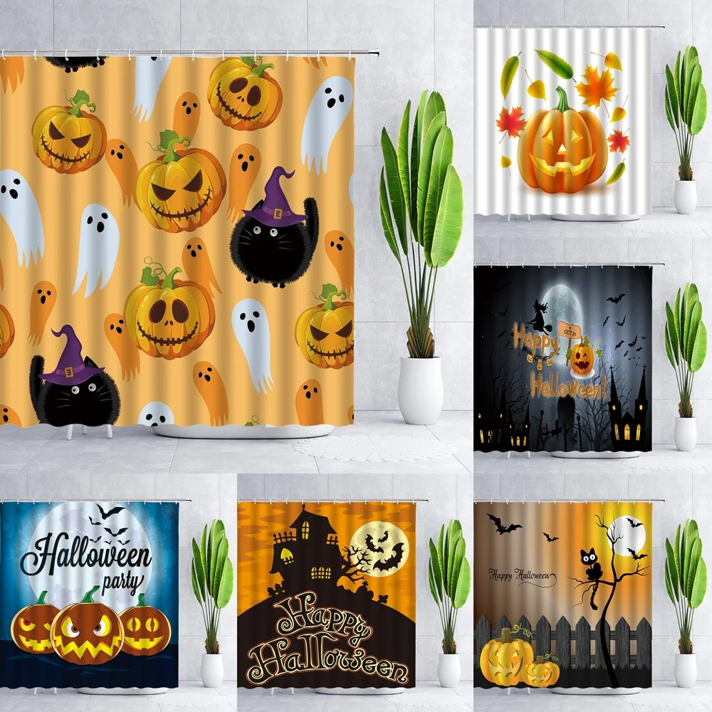 

Halloween Pumpkin Shower Curtain Autumn Harvest Interesting Holiday Witch Horror Night Bat Bathroom Decoration Fabric Curtains