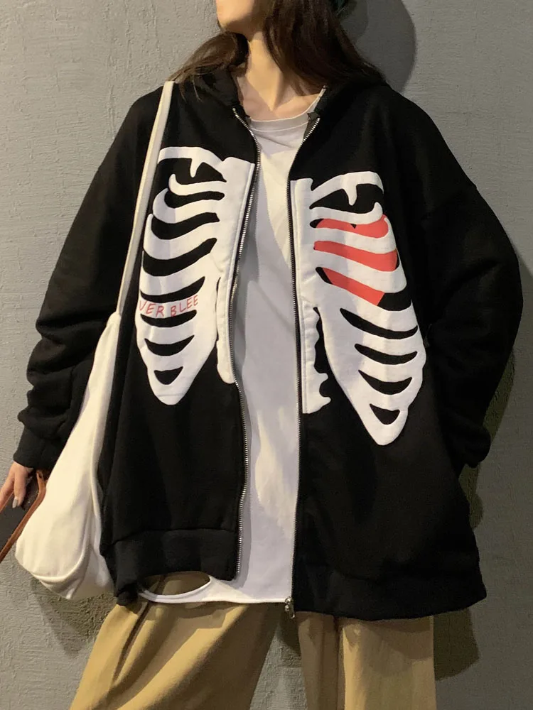 

hoodies women Fashion Hot-selling Skeleton Printing Anime Men Women Long-sleeved Zipper Hoodie Jacket Loose Streetwear Y2K coats