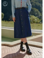 dushu slightly fat high waist long dress elastic waist mid calf a line skirts office lady cotton denim blue button design bottom