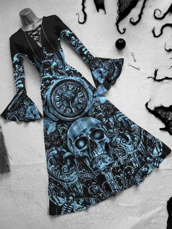 

printed casual dress spring women's long sleeved V-neck beach dress women's loose dress Robe