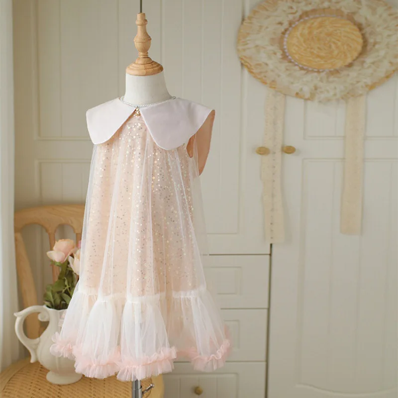 

2023 Korean Style Summer Dress for Kids Girl Children Boutique Design Sequins Sleeveless Tulle Dresses Junior Girl Princess Wear