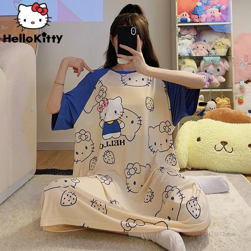 Sanrio Hello Kitty Summer Dresses Women Korean Fashion Soft Home Clothes Y2k Cute Oversized T-shirt Dress Aesthetic Nightdress
