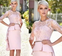 peplum pink 2022 mother of the bride dresses lace appliqued half sleeve wedding party gowns jewel neck no sash robe de soiree