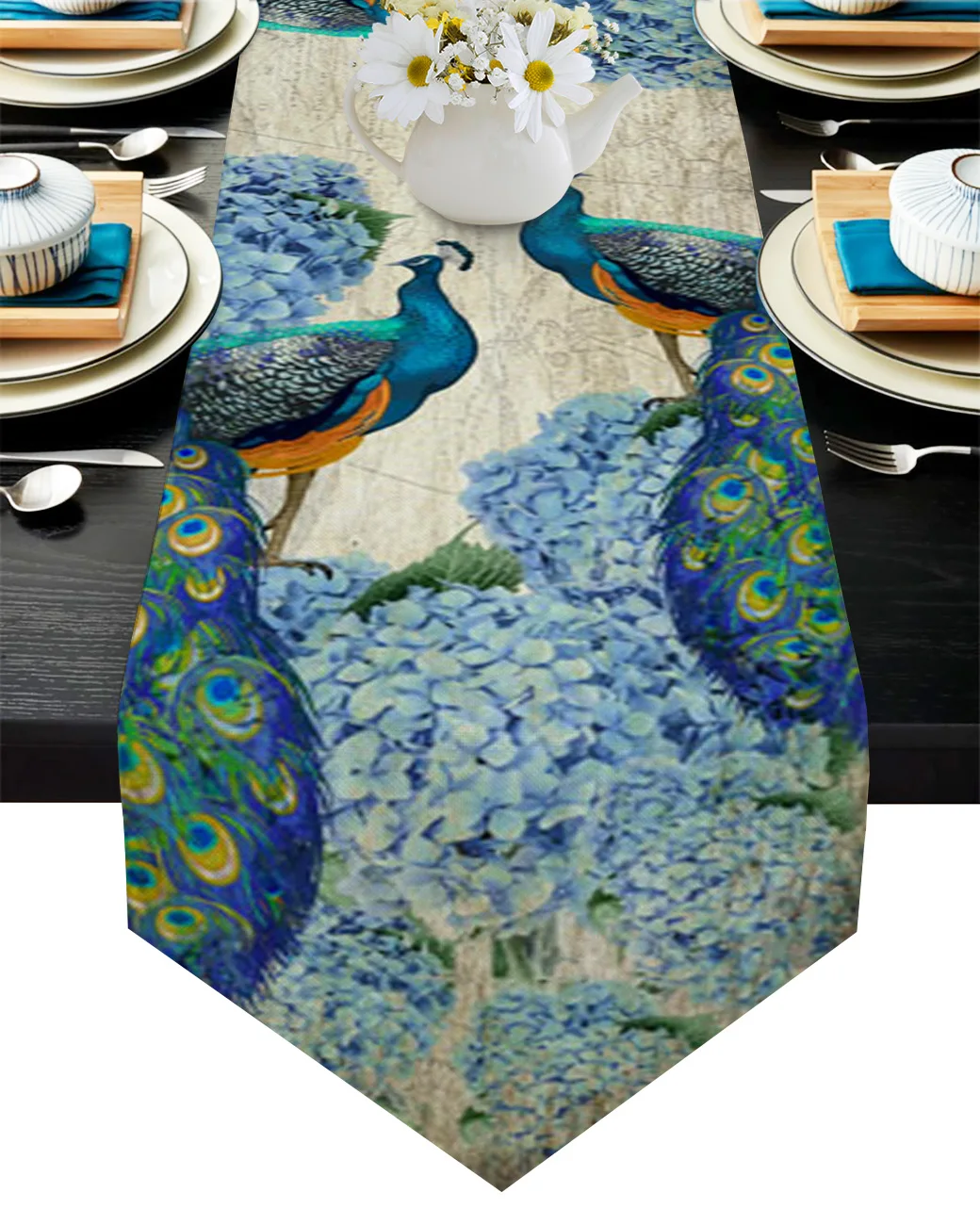 

Peacock Hydrangea Retro Watercolor Modern Table Runner Home Table Decor Cotton Linen Table Flag Hotel Wedding Tablecloth
