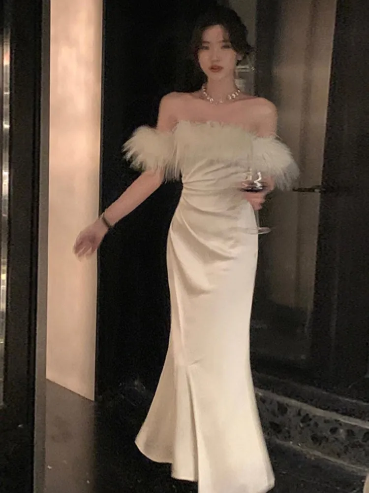 

Sexy Solid Feather Women Party Dress 2023 Elegant Slim Lady New Strapless Midi Dresses French High Slip Vestidos Female Clothes