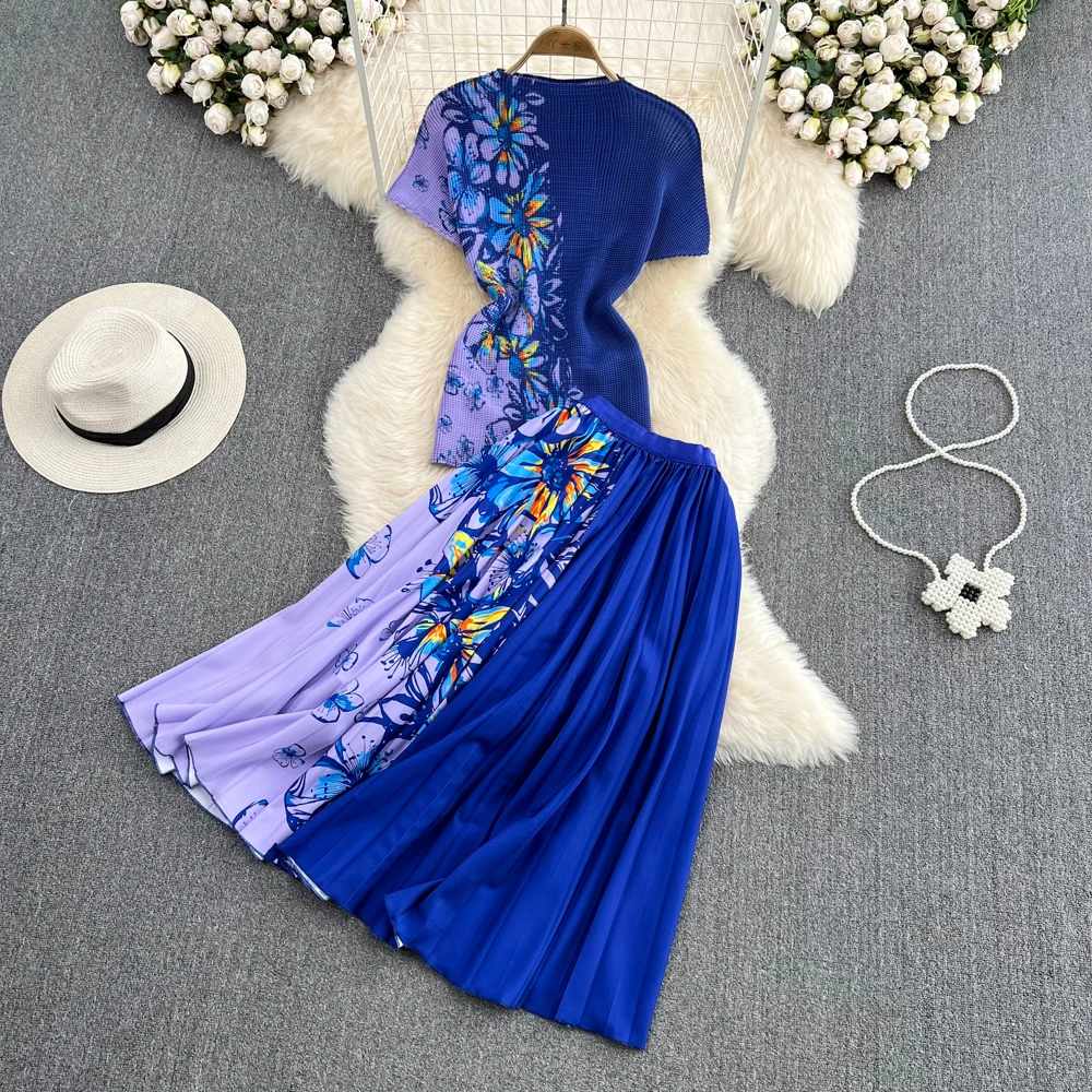 

SuperAen 2022 Summer Dress High Elastic Slim Top Fashion Floral Shirt + Skirt Two Pieces Sets