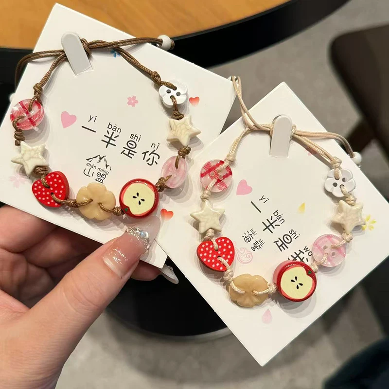 Handmade Ceramic Apple Bracelet Adjustable Woven Cord Cartoon Beads Bangles For Women Gifts Jewelry Accessories Pulsera Mujer