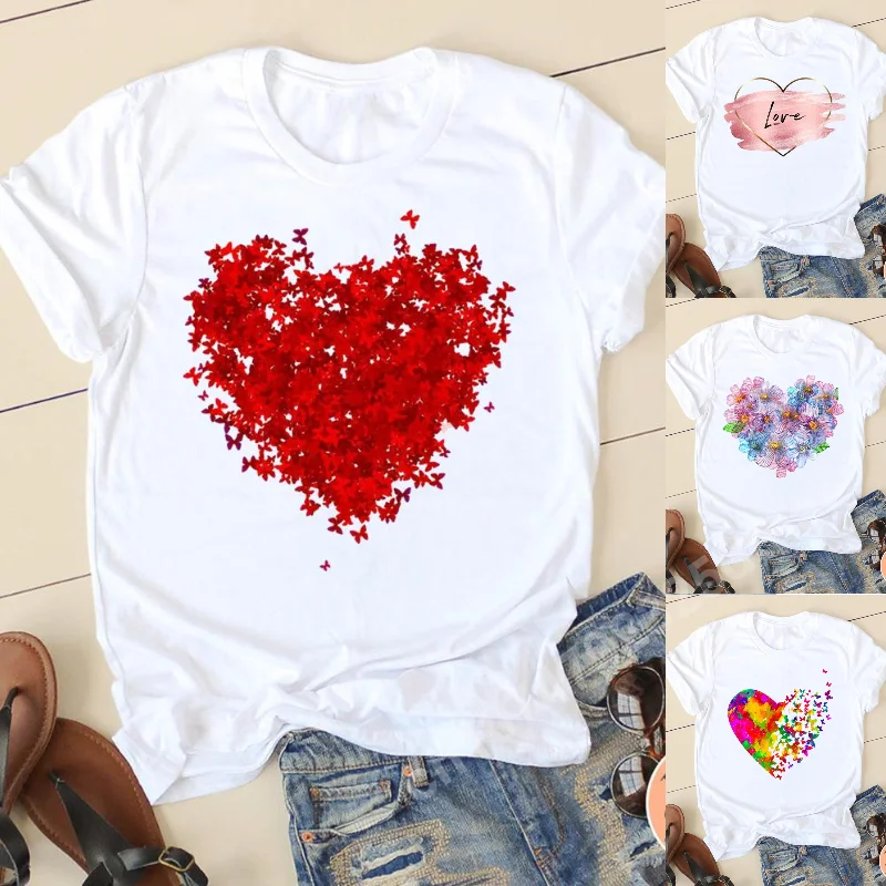 

Love Heart Series Graphic T-shirt Women Short Sleeve Y2k Tops Casual Tee Harujuku Flower T Shirts Oversized Loose Woman Clothes