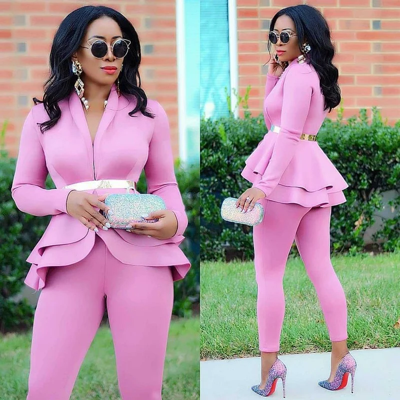 V-Neck Ruffle Blazer Suit Two Piece Set Women Sexy Solid Colors Casual Office Blazer 2023 Formal High Waist Pencil Pants Suits