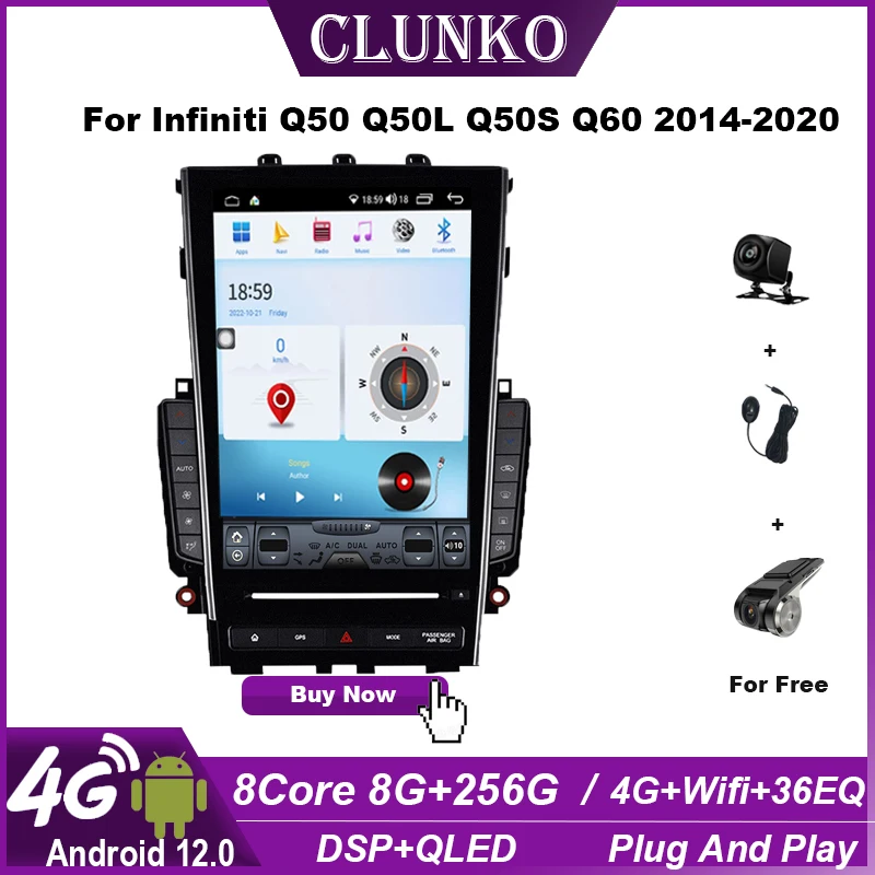 

Clunko For Infiniti Q50 Q50L Q50S Q60 2014-2020 Android Car Radio Stereo Tesla Screen Multimedia Player Carplay Auto 8G+256G 4G