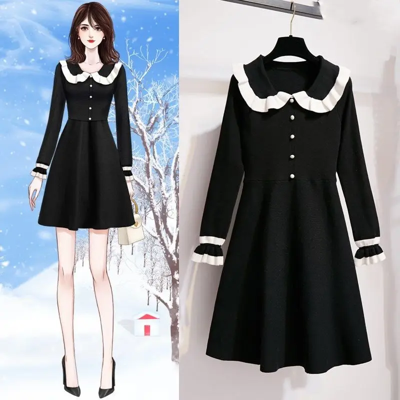 

Long Sleeve Shirt Woman Fairy Preppy Style Mini Dress Korean Fashion Ruffles Shirring Clothe Peter Pan Collar Sweater M909
