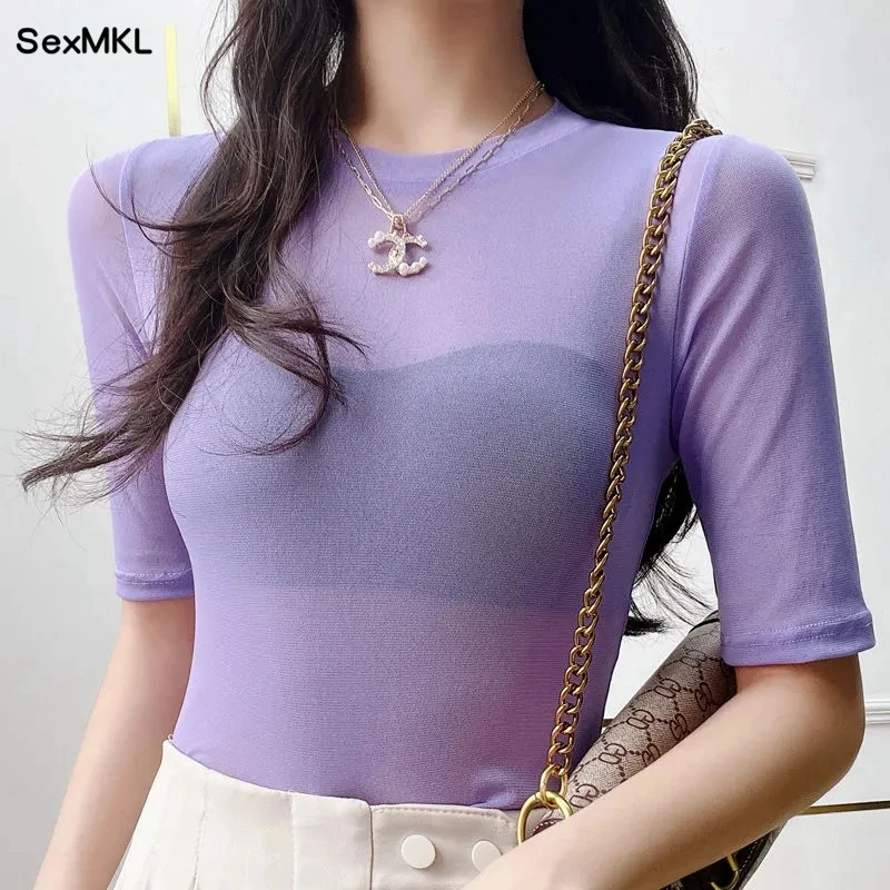 

Просвечивающие летние футболки для женщин 2023 корейская мода одежда Baisc футболки повседневные белые черные тонкие фиолетовые Y2k Топы женские футболки