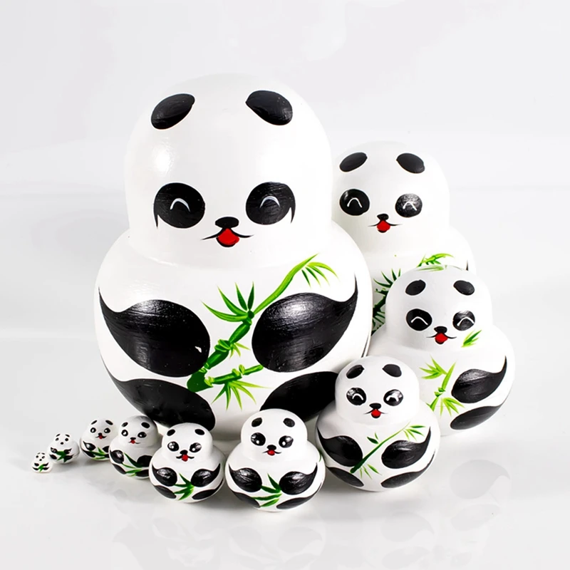 

10 Pcs Panda Matryoshka Russian Nesting Dolls Animal Pattern Wooden Nesting Toys Basswood Panda Nesting Dolls For Kids