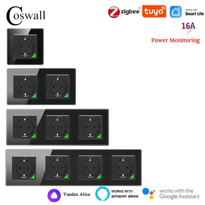 

COSWALL Glass Panel Black White Zigbee Tuya Smart EU/2EU/3EU Wall Socket With Power Support Monitoring Yandex Alice /SmartThings