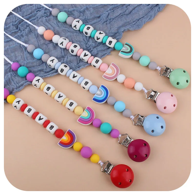 Baby Silicone Rainbow Pacifier Holder Chain Custom Name Handmade Personalize Dummy Clips Pacifier Clips Holder Baby Teether